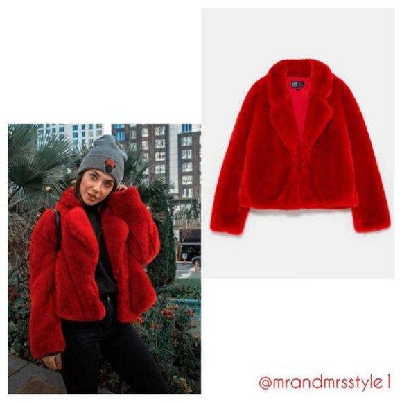 zara red faux fur jacket